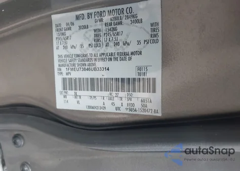 2006 Ford Explorer Xlt z USA, uszkodzony, nr VIN 1FMEU73846UB33314